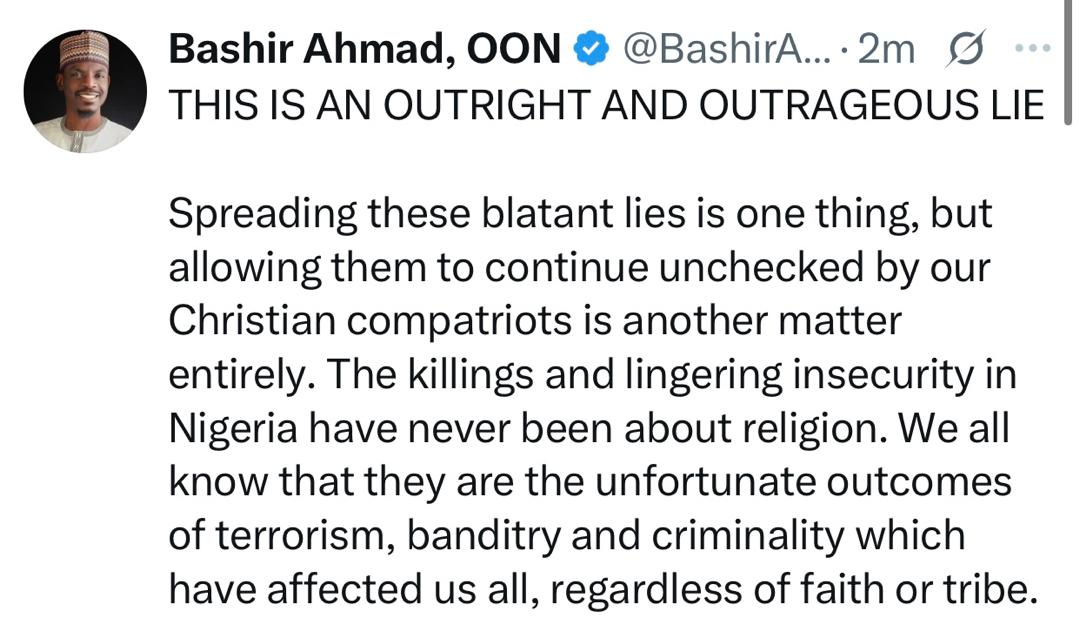 This is an outrageous lie! - Former presidential aide, Bashir Ahmad, dismisses claims of a Christian genocide in Nigeria